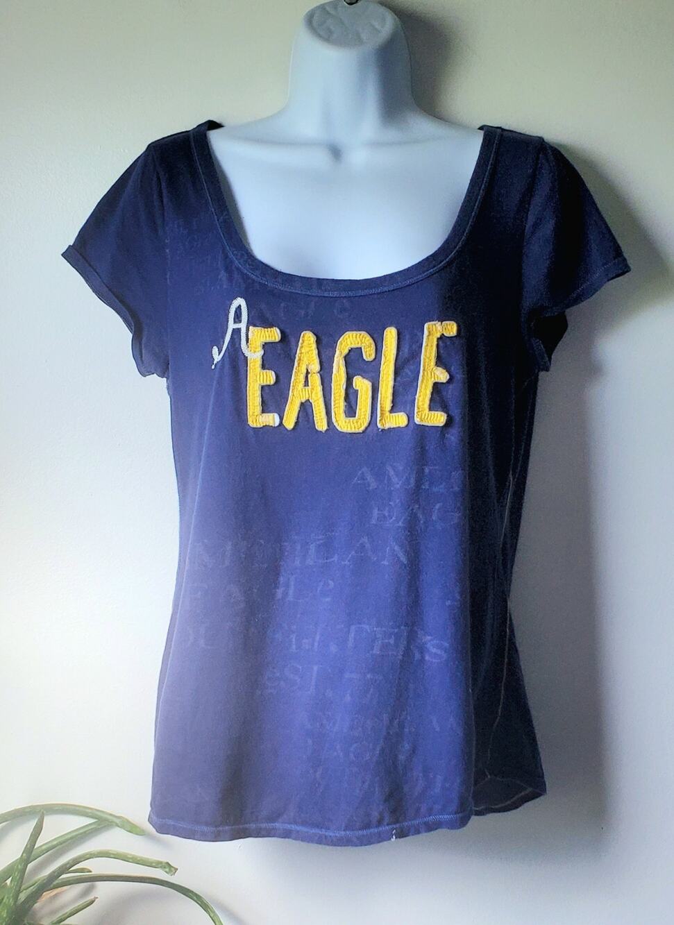 Vtg American Eagle Blue Yellow Cap Sleeve Baby T Shirt Womens Large College Y2K